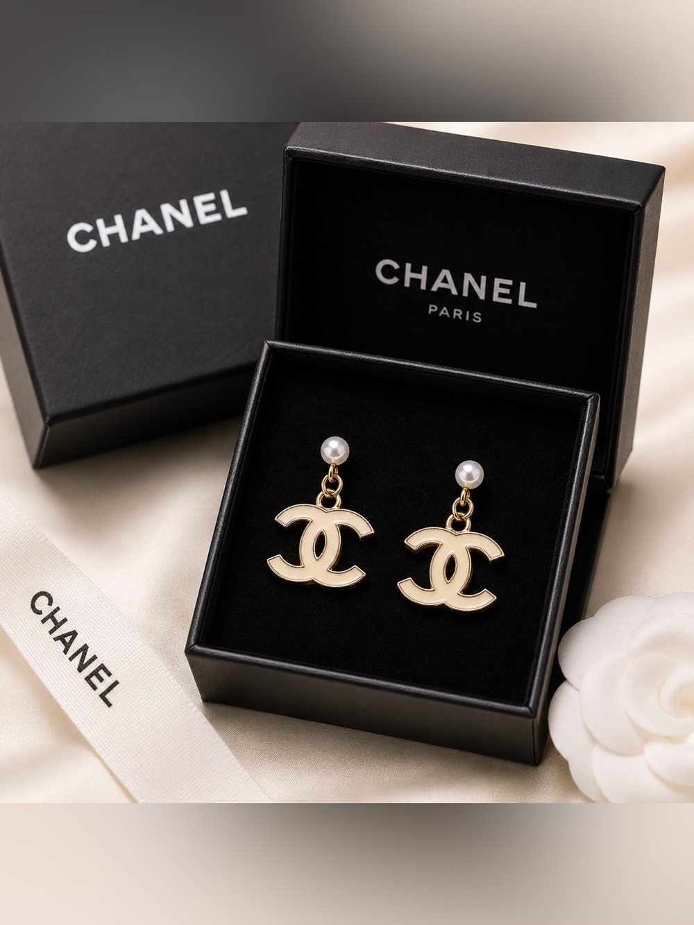 CHANEL Cream Enamel Double C Drop Earrings with Pearl Tops